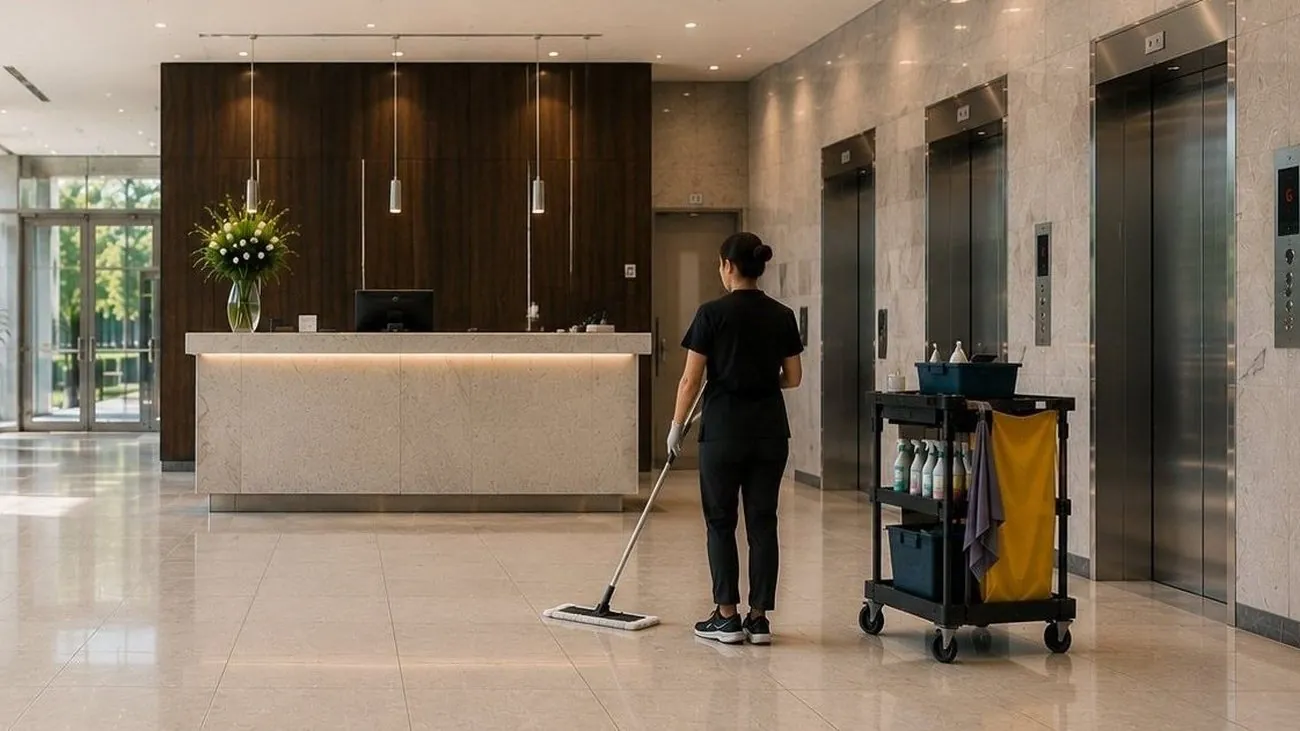 Cleaning team member carrying professional supplies